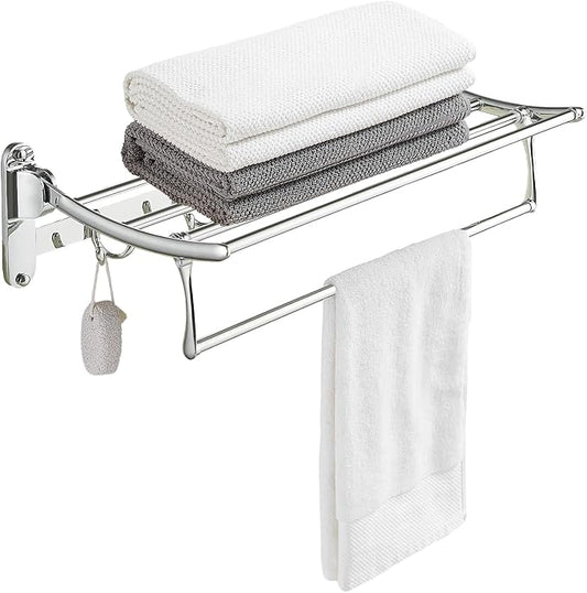 24 Inch Polished Chrome Towel Racks, Bathroom Towel Shelf with Foldable Towel Bar Holder and Towel Hooks, Wall Mounted Multifunctional Bathroom Accessories, Double Towel Bars