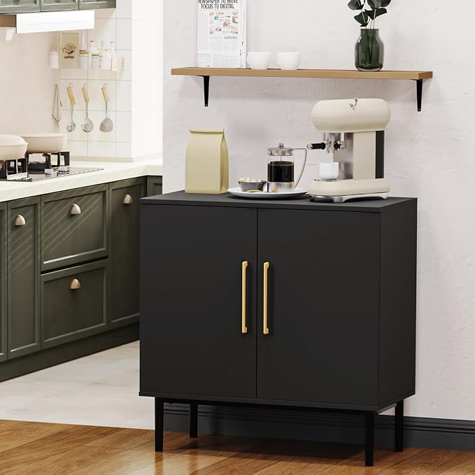 Black Storage Cabinet with Doors, Modern Accent Cabinet, Free Standing Cabinet with Adjustable Shelf, Wooden Buffet Sideboards for Living Room, Kitchen, Dining Room, Entryway