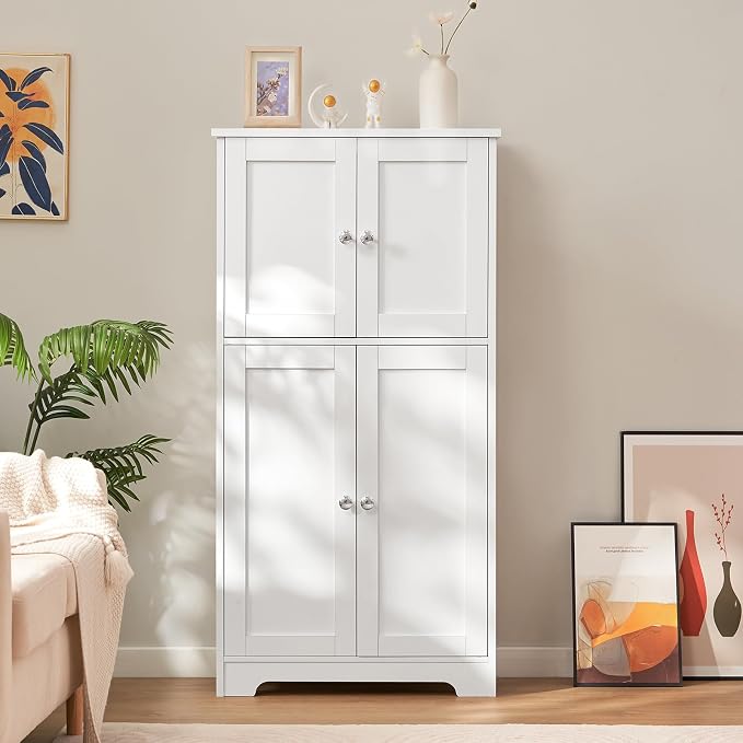 Bathroom Floor Storage Cabinet, Freestanding Bathroom Storage Unit with 2 Adjustable Shelves & 4 Doors, White