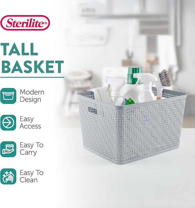 Sterilite 18 Pack Plastic Storage Bin Organization Containers, Tall Baskets, Cement