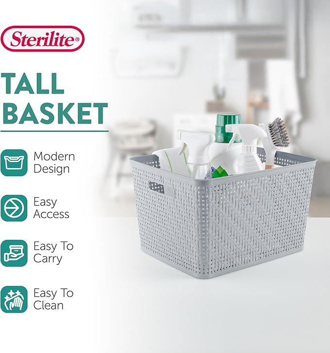 Sterilite Tall Basket, Woven Plastic Storage Organizer Bin, Cement, 6-Pack | Decorative Open Top Storage Bins with Handles for Bedroom, Bathroom, Dorm, Closet, Office and Shelf Organization