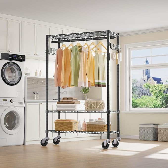 VIPEK R3 Rolling Clothes Rack Heavy Duty Portable Closet for Hanging Cloth | Lockable Silent Wheels, Adjustable Wire Shelving, Metal Side Hooks, Load 374lbs, Space-Saving Storage for laundry, Black