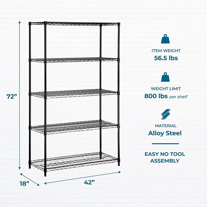 Honey-Can-Do 5-Tier Steel Shelving Unit, 800 lb/Shelf, Black, 42x18x72 in | Holds 4,000 lb total across 5 adjustable steel shelves; tool-free build in 25 min; leveling feet for uneven floors