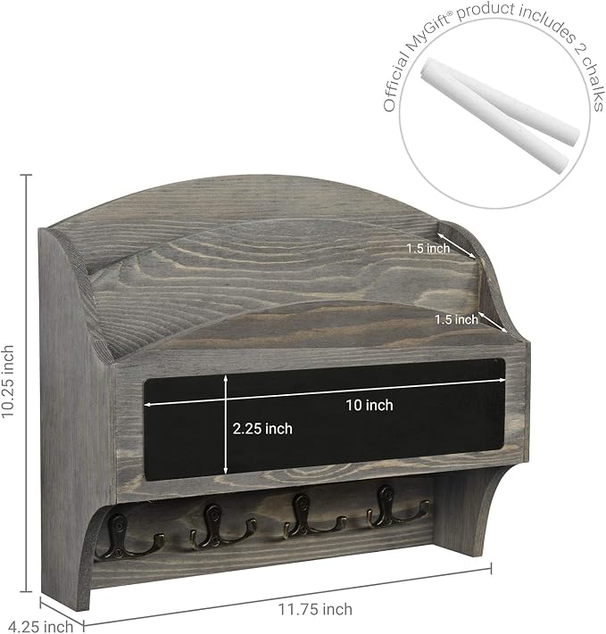 MyGift 2-Compartment Vintage Gray Wood Wall Mounted Entryway Mail Organizer Letter Sorter with Chalkboard Label Surface and 4 Double Key Hooks