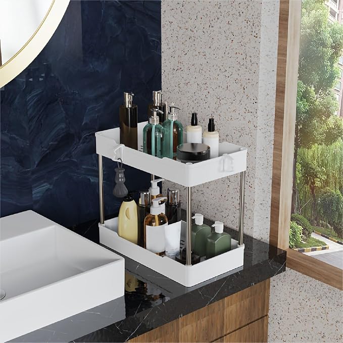 3 Pack Under Sink Organizer Bathroom and Storage Cabinet (White) | 2 Tier with Hanging Cups for Kitchen