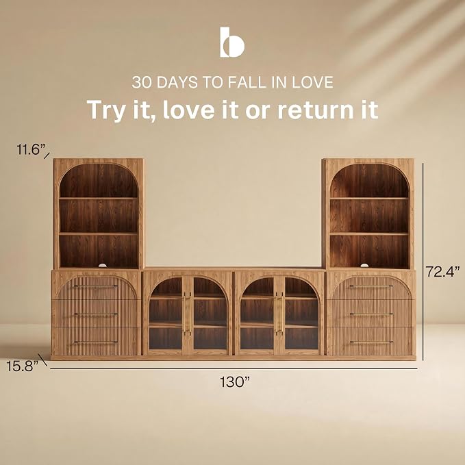 BELLEZE 6-Piece Modular TV Stand Set - 2 Sideboards with Drawers, 2 Arched Glass Door Sideboards, 2 Hutch Cabinets, Classic Modern Media Console with Adjustable Shelves for Living Room (Camel)
