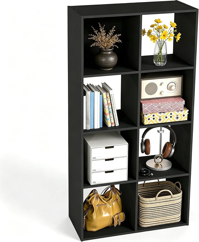 HealSmart 8 Cube Storage Organizer, 4-Tier Stackable Open Bookcase with Detachable Back Panels, Multi-Size Storage Unit 47.7" L×11.6" W×24" H for Bedroom Living Room Home Office, Black