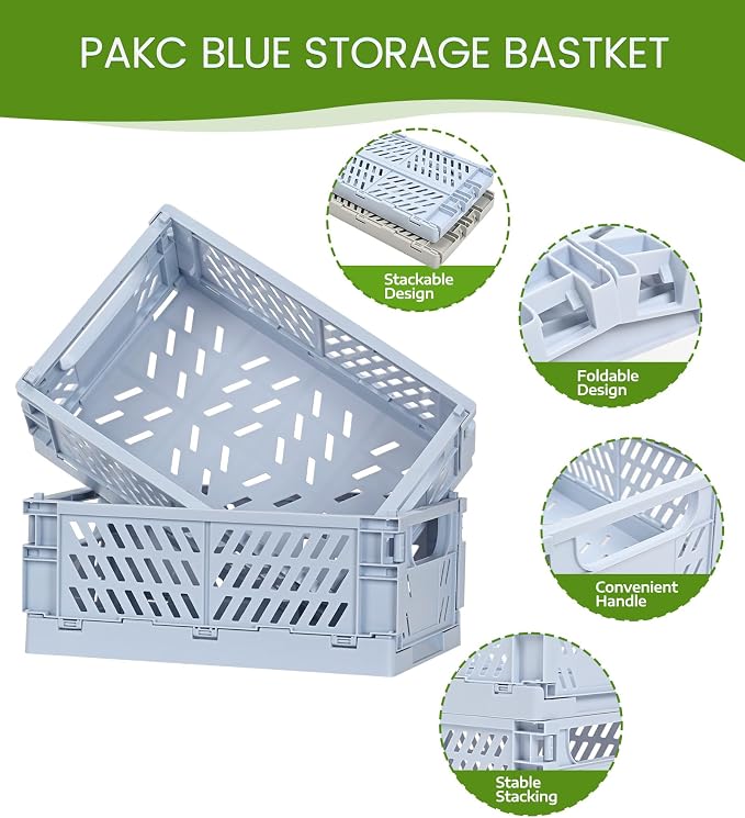 HUUSMOT 2-Pack Collapsible Plastic Storage Baskets, Blue, 9.8"x6.5"x3.8" | Pastel, Space-Saving, Collapsible Plastic Bins, Cute Mini Storage Crates, for Classroom, Kitchen, Office, Bedroom