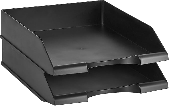 Amazon Basics Rectangular Stackable Desk Organizer Office Letter Tray, File Storage, Paper Organizer, Black, 2-Pack