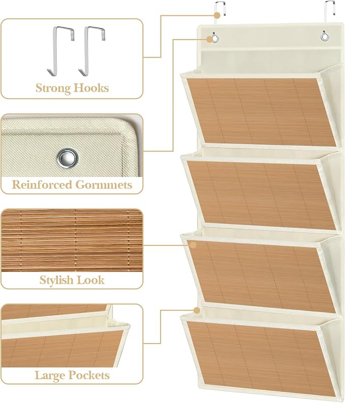 hanging wall file organizer, Over the door file folder organizer with 4 Large Bamboo Pockets, Suitable for Home, Office, Back to School Supplies Storage and Organization (Beige)