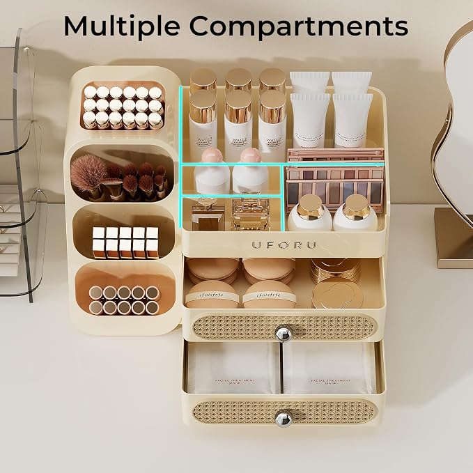 UFORU Makeup Organizer Countertop with Brush Holder for Vanity Bathroom | Large Capacity, Thickened Plastic, 2 Rattan Drawers, Compact Size, Detachable Brush Holder, Divided Compartments, Easy Access