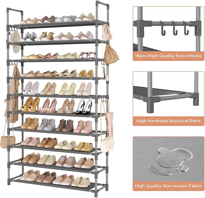 LANTEFUL Tall Shoe Rack 10 Tier Shoe Organizer Large Shoe Shelf with 18 Hooks Storage for 50 Pair Sneaker and Boot, Stackable Vertical Shoe Rack Organizer for Closet, Entryway, Bedroom, Grey