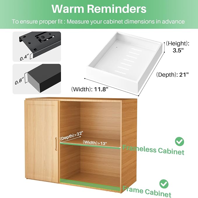 2Pack Pull out Cabinet Organizer, 21"Deep, Heavy Duty Full-extension Slide out Drawers for Kitchen Cabinet, Roll out Shelf Storage with Nano Adhesive for Pots,12"W x 21"D x 3.1"H, White