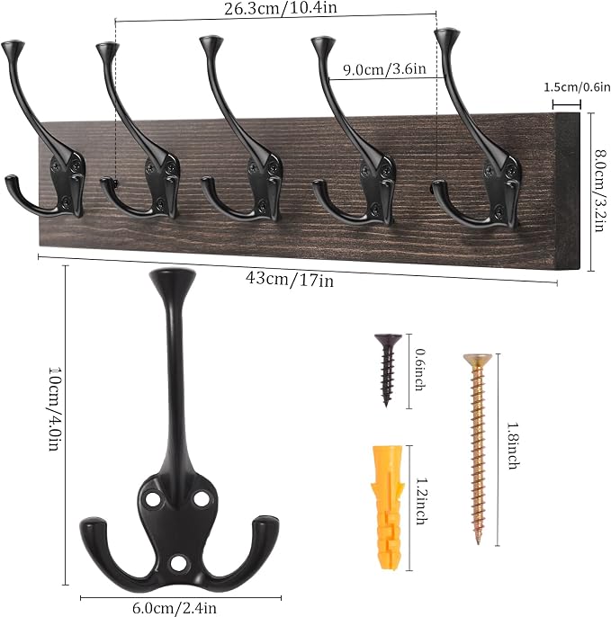 IBosins 2 Pack Vintage Coat Rack Wall Mount, 17" Long with 5 Tri-Hooks | Wall-Mounted Rustic Wood & Metal Coat Hook Rail for Entryway, Living Room, Coat, Jacket, Scarf, Bag, Towel, Hat