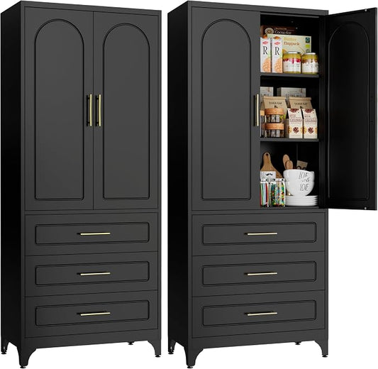 SteeLoong 75”Kitchen Pantry Cabinet, Metal Storage Cabinet with 3 Drawers | Black Pantry Cabinets for Kitchen Storage with 2 Adjustable Shelves,Tall Freestanding Cupboard for Living Room,Kitchen,Garage
