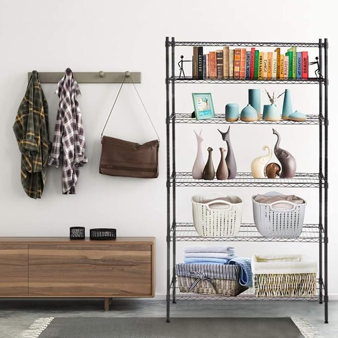 BestOffice | 6-Tier Wire Shelf | 42" x 16" x 72" | Black | Storage Shelves with Adjustable Racks, Holds upto 1500 lbs | Rust-Resistant, No-Tool Assembly | For Home, Garage