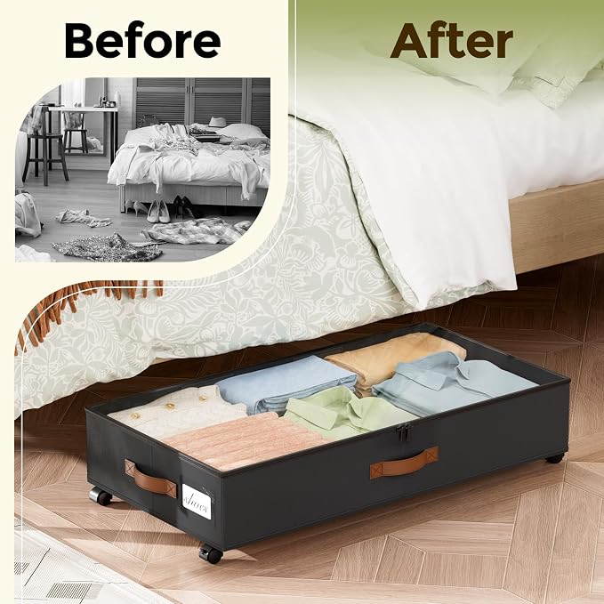 LAMU Under Bed Storage with Wheels, 2 Pack Under Bed Storage Containers with Clear Lids & Label, Rolling Under Bed Drawers for Clothes, Shoes, Blankets, Black
