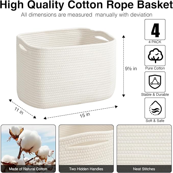 ICERZCZ Storage Baskets for Organizing & Shelves, Woven Cotton Rope Organization Bins for Dog Toys, Clothes, Books, Nursery Organizer, 15"Lx11''Wx9.5''H, (4 Packs) Off White