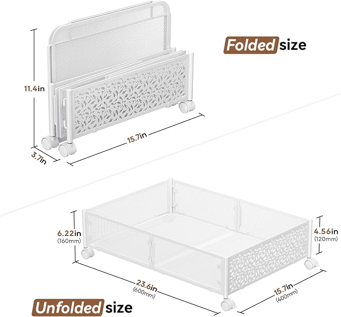 PHINOX Under Bed Storage Container with Wheels,Patterned,Metal,2 Pack,White | Tool-free assembly, glide smoothly, easy reach, foldable, maxmazie low-profile beds, dorm, keep seasonal clothes, shoes fresh