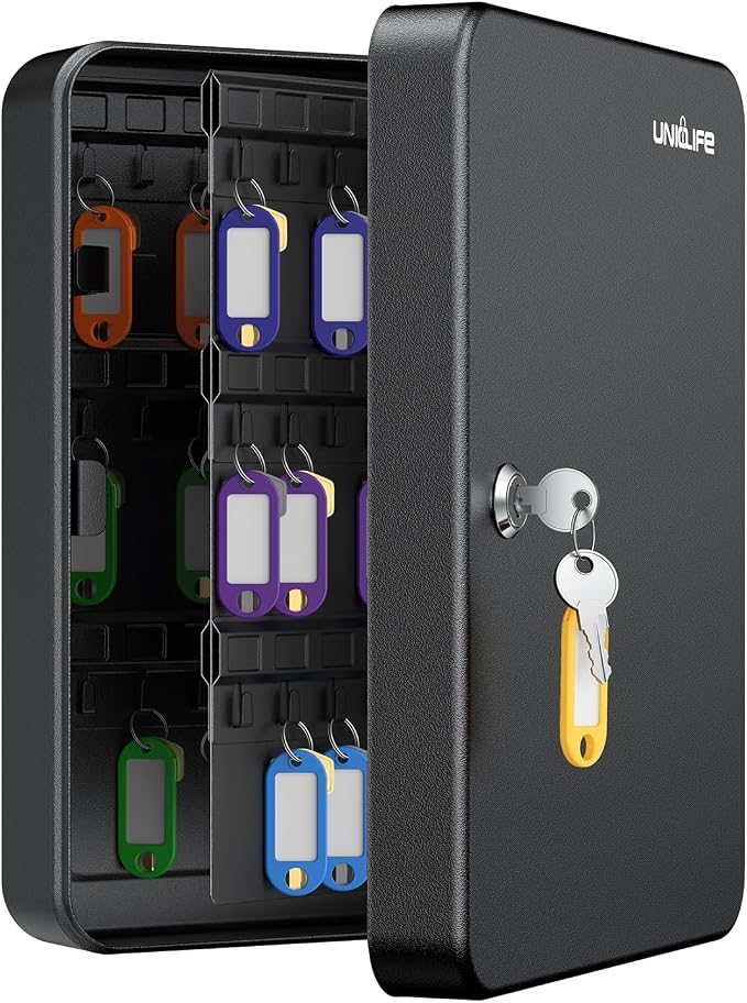 Uniclife 100 Position Key Cabinet with Key Lock Wall Mounted Black Security Storage Box Steel Key Organizer with Colorful Key Tag Labels Stickers and Hooks