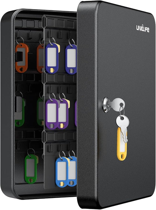 Uniclife 100 Position Key Cabinet with Key Lock Wall Mounted Black Security Storage Box Steel Key Organizer with Colorful Key Tag Labels Stickers and Hooks