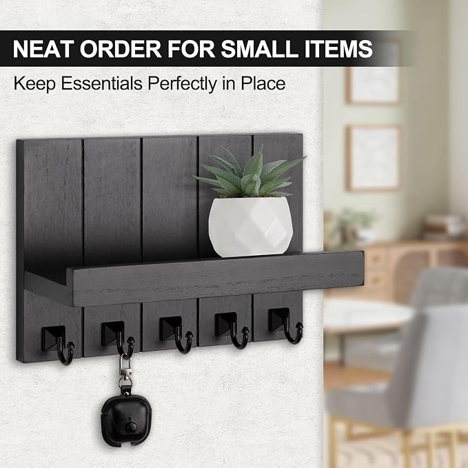 Key Holder for Wall, Decorative Key Holder with Shelf, Key and Mail Holder Wall Mount, Farmhouse Decor with 5 Key Hooks for Keys, Coats, ect.