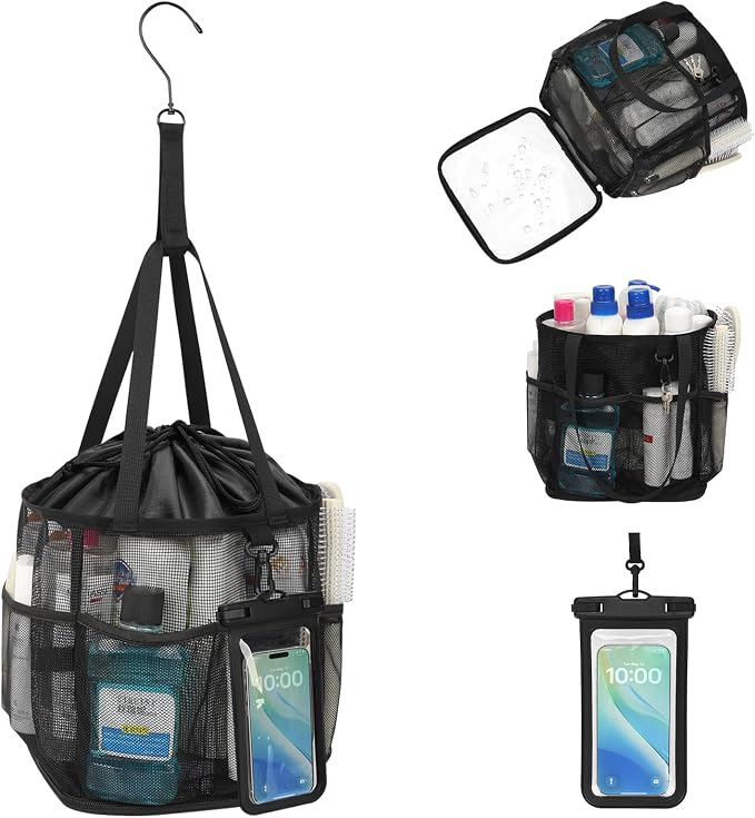Shower Caddy Portable, Mesh Shower Caddy Hanging with Waterproof Phone Pouch Black, Large Capacity Shower Bag for College Dorm Room Essentials, Quick Dry Shower Basket for Gym, Camping, Swimming