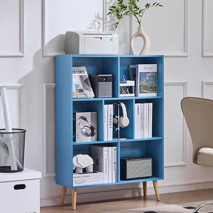 LEYAOYAO Cube Bookshelf, Mid-Century Modern Book Shelf with Legs, Blue | 3 Tier Bookcase, Rustic Wood Bookshelves Freestanding Small Storage Organizer, Open Shelves for Bedroom, Living Room, Office