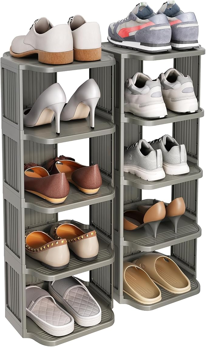 Kitstorack 10-Tier Vertical Plastic Shoe Rack, Freestanding Stackable Shoe Storage Organizer Cubes Shoe Shelf Tower or Small Closets and Tight Spaces, Gray