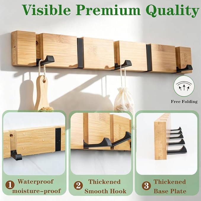 Wall Mounted Coat Rack, Heavy Duty Folding Coat Hooks Wood Retractable Wall Hooks for Hanging Purse Clothes Keys, Towel Hooks Rack for Bathroom Wall Coat Hanger for Entryway (5 Hooks,Nature)