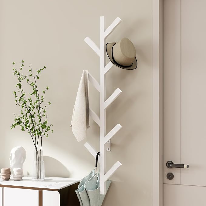 Prywot Vertical Hat Rack, Metal Coat Rack Wall Mounted, White, 37.8" | 9 Hooks, Space-saving wall-mounted design, for Hats, Jackets, Coats, and Bags - Suitable for Entryways and Bedrooms