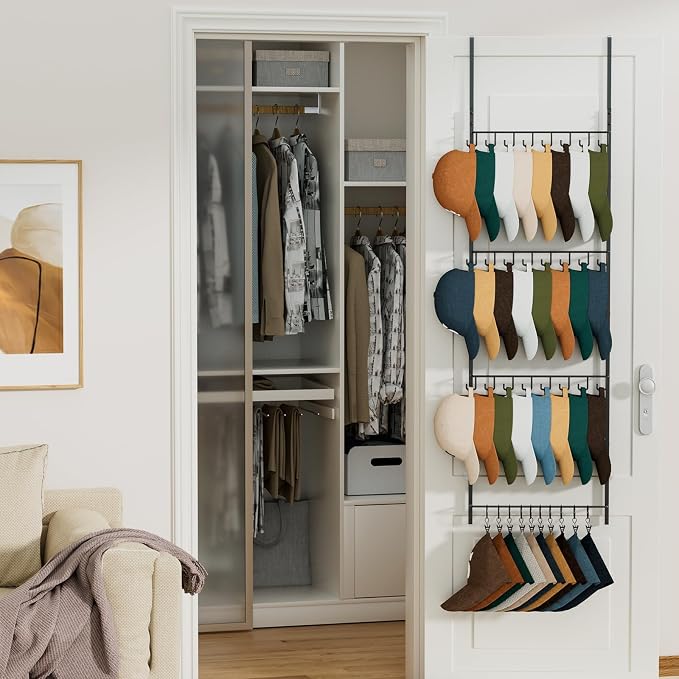 HapiRm Over the Door Hat Organizer - 4 Tier Wall Mounted Hat Rack with 24 Hooks and 10 Movable Clips, Hanging Baseball Cap Organizer Storage Holds to 34 Caps for Door, Bedroom, Closet