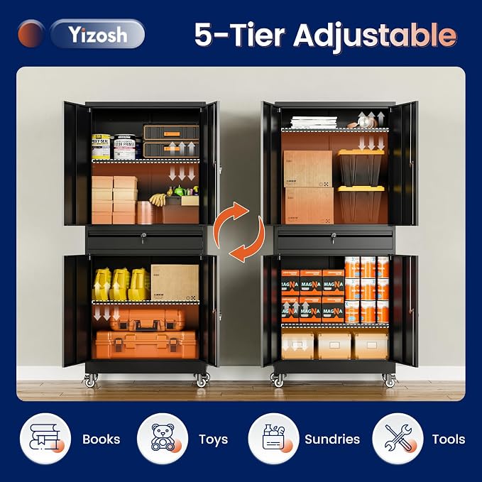Yizosh Metal Garage Storage Cabinet with Locking Doors and Adjustable Shelves, 73" Rolling Tool Storage Cabinet with 4 Wheels and 1 Drawer for Garage,Warehouse (Black)