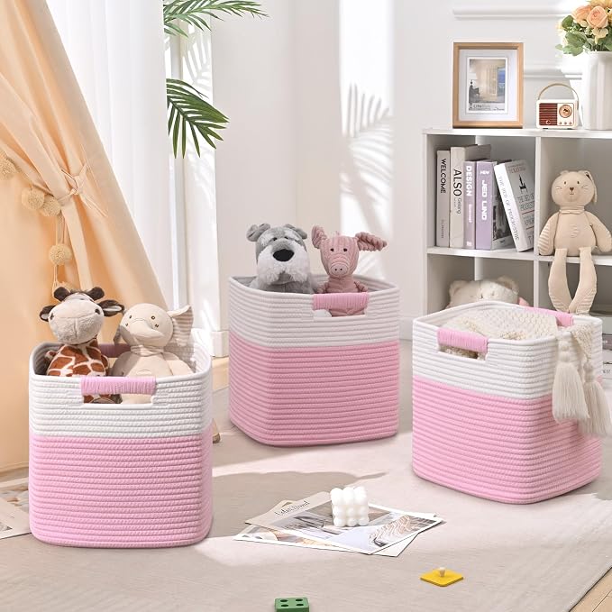13 Inch Storage Cubes, 3 Pack Cube Storage Bins for Organizing, Cotton Rope Woven Baskets for Shelves, Bathroom, Kids Room, Closets, Baby Nursery