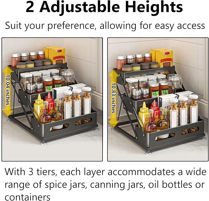 Ceetug 3 Tier Foldable Spice Rack, Black | Iron, For Countertop, Kitchen Seasoning Organizer, For Cabinet