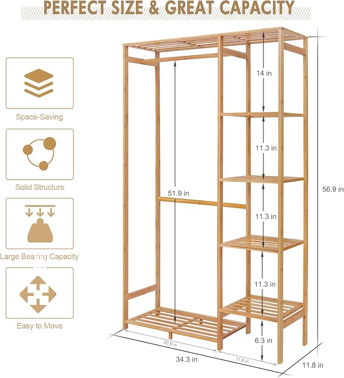 Jotsport Bamboo Clothing Rack with 6 Tier Storage Shelf & Hanging Rod | Portable Clothes Organizer Open Wardrobe Closet for Guest Room Kids Baby Bedroom Entryway