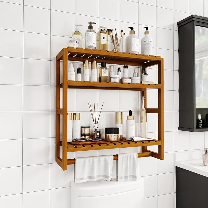 Galood Over The Toilet Storage Bathroom Shelves Wall Mounted 3 Tier Space Saver Corner Shelf Organizer Bamboo Towel Rack Toilet Paper Cabinet with Hanging Rod Brown