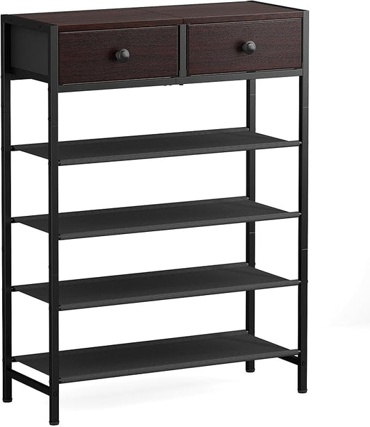 5 Tier Shoe Rack with Drawers, Metal & Wood Shelf Dark Brown | Holds 16-20 pairs. Fabric shelves prevent dust. Drawers for small items. 20-min assembly with clear guide.