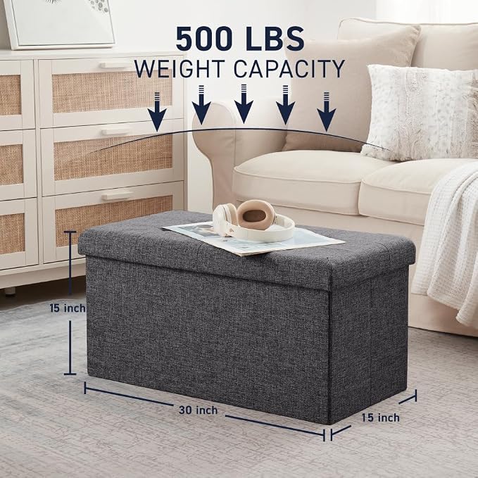 Ornavo Home 30 Inch Folding Storage Ottoman Bench, Tufted Linen, Dark Gray | Upholstered Large Ottoman with Lid; Foot Rest Stool; Ideal for Bedroom, Living Room or Entryway