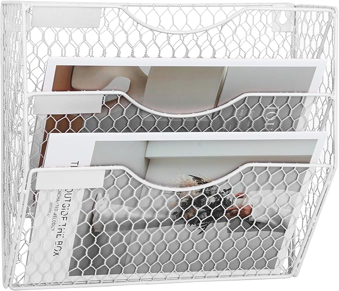 EASEPRES Mail Organizer Wall Mount Hanging File Holder Storage, Metal Chicken Wire Magazine Rack 3 Tier, White