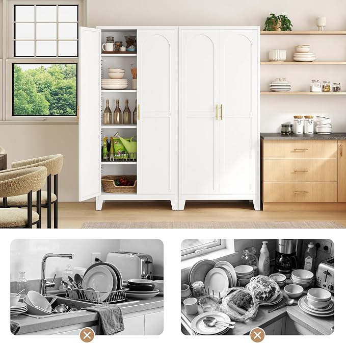 Zevemomo 71" Metal Pantry Cabinet, Tall Metal Storage Cabinet for Kitchen | Steel Cabinet with 2 Doors and 4 Adjustable Shelves, Freestanding Cupboard for Kitchen, Bathroom, Dinning Room or Laundry