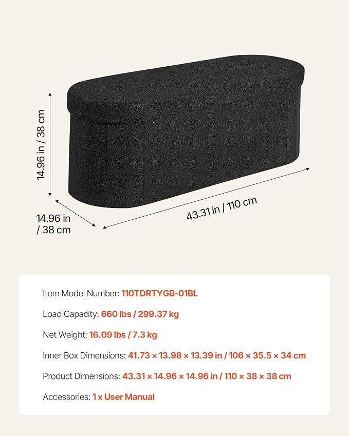 VEVOR Oval Storage Ottoman Bench, Foldable Teddy Fleece End of Bed Bench, Folding Upholstered Bed Ottoman Chest with Large Storage Space, Supports 660 lbs, for Living Room, Bedroom, Entryway, Black