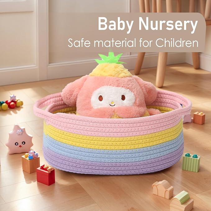 JMvicyroam Small Woven Basket, Empty Gift Basket, Rainbow/2 Pack | Small Gift Basket, Cotton Rope, 12 x 8 x 52 in, Handles, Includes Ribbon and Bag, Birthday Gift Basket