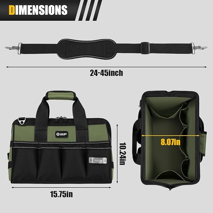 UUP Heavy Duty Tool Bag 15Inch, 16-Pocket Portable Empty Tool Box Organizer | Big Storage Toolbox Organization, Soft Handle Large Zipper Carrying Toolbag, Father Day Gifts for Him Dad Men, Green