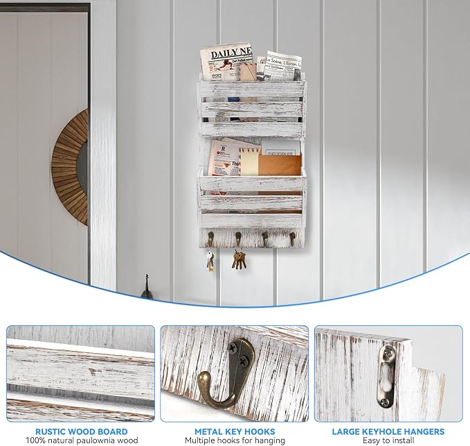 Mail Organizer Wall Mount with 4 Key Hooks, Rustic Wooden Hanging Mail Sorter Farmhouse Key Holder for Wall Decoration, 2-Slot Wall File and Magazines Bill Letter Holder