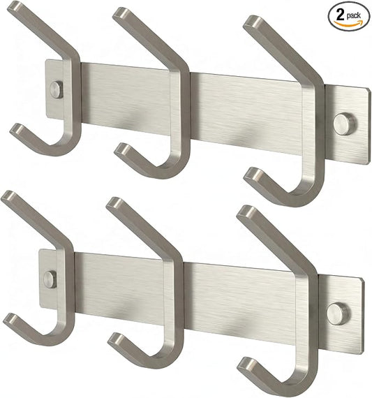 Small Coat Rack Wall Mount – Brushed Nickel 9 Inch Stainless Steel Hook Rail with 3 Heavy Duty Double Coat Hooks – Wall Mounted Coat Hanger for Entryway, Bathroom, Bedroom, Hat Organizer - 2 Pack