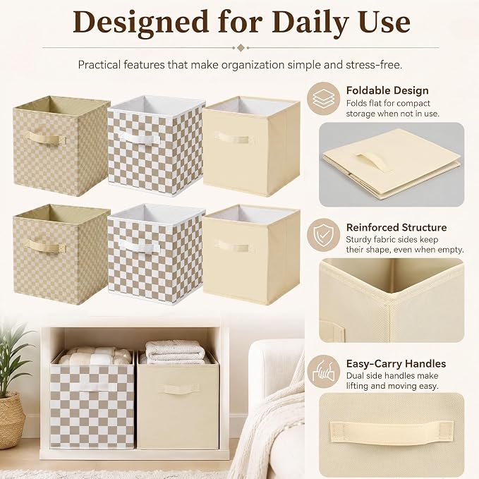 6 Pcs 11 Inch Gingham Fabric Storage Cube Bin Woven Foldable Checkered Storage Cube for Classroom Basket Bin Organizer with Handle Decor for Organizing Clothes, Toy, Book