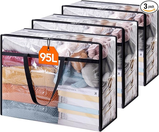Lifewit 3 Pack Clear Clothes Storage Bags, 95L Plastic Blanket Storage Bag, Vinyl Foldable Moving Bags with Zipper, Closet Organizers and Storage Containers for Bedding, Duvet, Comforter