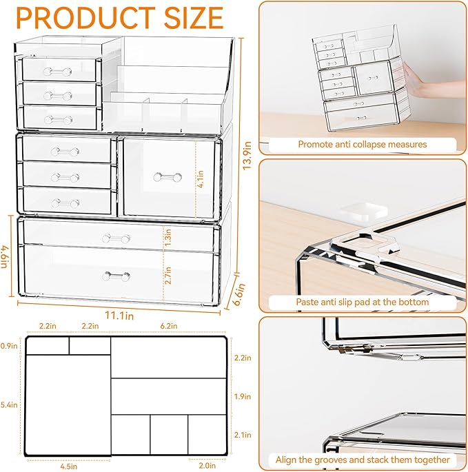 3 Pack Clear Makeup Organizer Countertop for Dresser,Vanity and Bathroom Counter Organizer,Tiered Stackable Makeup Acrylic Organizers with 9 Drawer for Skincare,Brush and Make up Holders