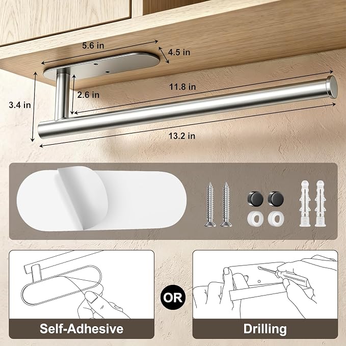 Paper Towel Holder, 2-Pack US304 Stainless Steel Wall Mount Rack, Self-Adhesive No Drilling, Rustproof Space Saving Under Cabinet Mount, Organizer for Kitchen, Bathroom, RV, Pantry (Silver)